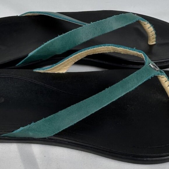 Olukai Ho'Opio Turquoise Black Leather Flip Flops Thongs Sandals Womens 7 - Picture 2 of 5